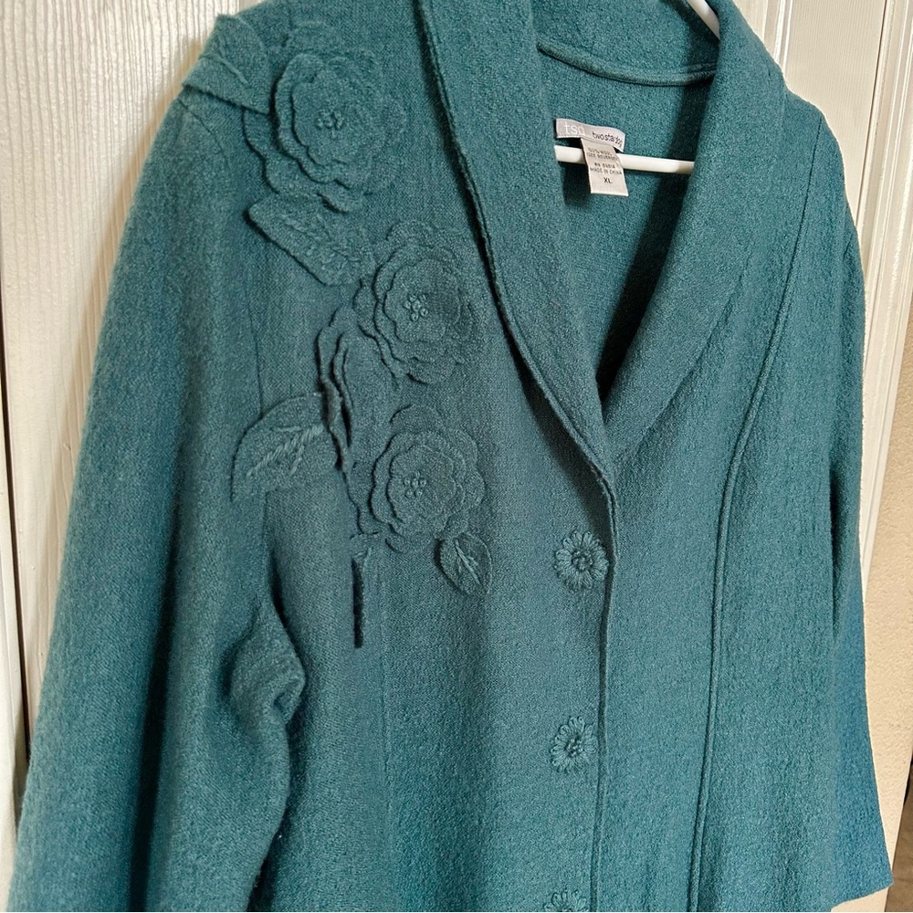 VTG Floral Teal Boiled Wool Coat Rosette Appliqué XL Boxy Cottagecore Art Deco